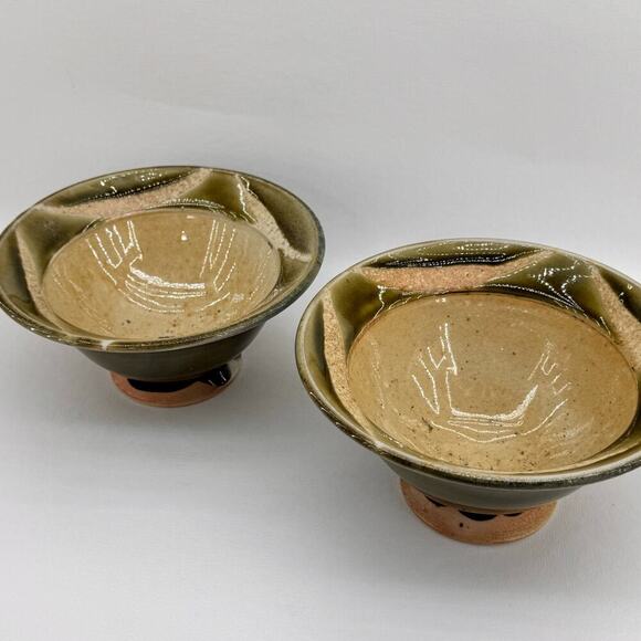 Handmade Studio Art Pottery Pedestal Bowls Set of 2 Green Brown Artist Signed - Picture 1 of 8